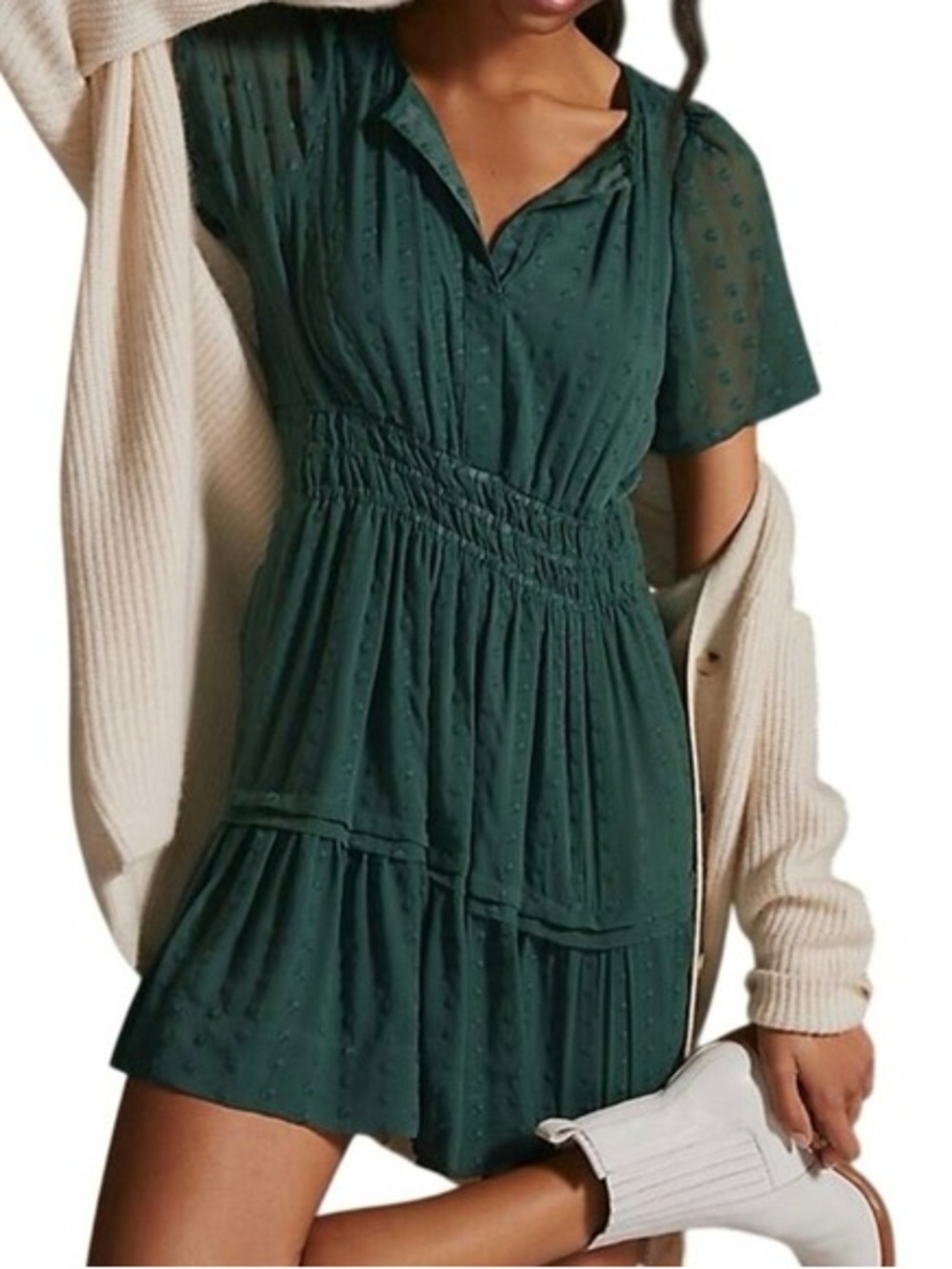 Anthropologie Forest Green Swiss Dot Smocked Mini Dress